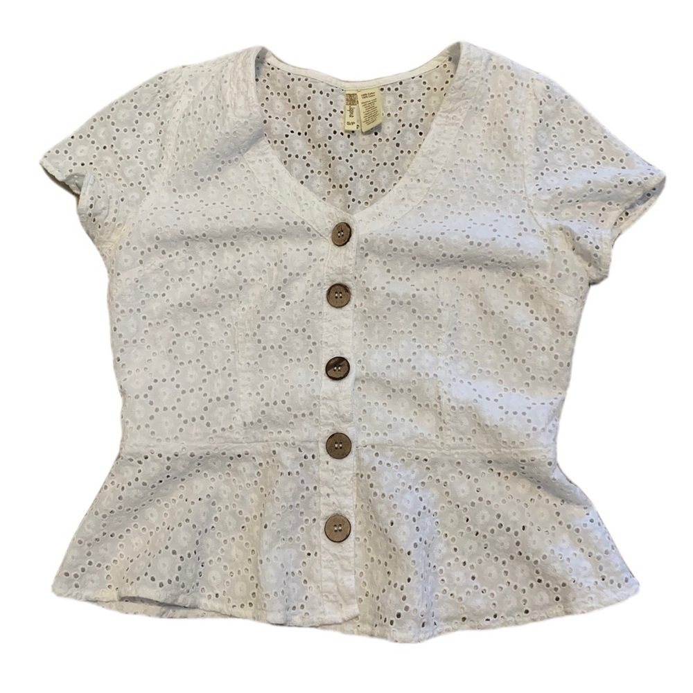 Japna White Eyelet Lace Peplum Blouse Top - Size Small